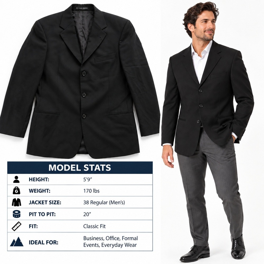 Hugo Boss Einstein Sigma Black Virgin Wool 3 Button Blazer Jacket Mens 38R USA